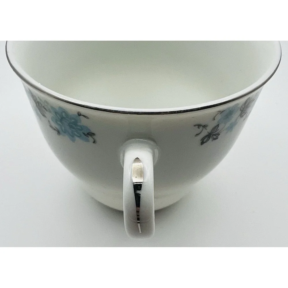 Vintage China Teacup Saucer Blue Silver Floral Porcelain Cottagecore Tea Set